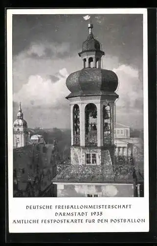 AK Darmstadt, Deutsche Ballonmeisterschaft 1935, Festpostkarte mit Sonderstempel