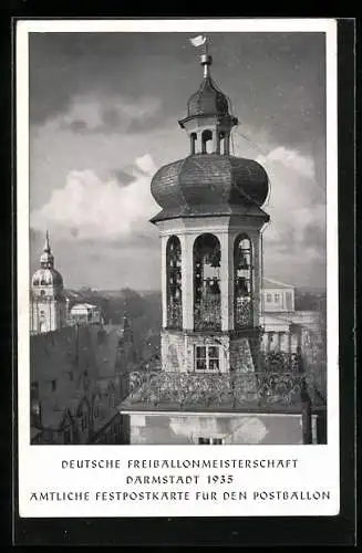 AK Darmstadt, Deutsche Ballonmeisterschaft 1935, amtliche Festpostkarte mit Sonderstempel, Glockenspiel im Schloss