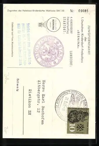 AK Deutscher-Kinderdof-Freiballon Bernina, Stempel privater Ballonpostflug 1959