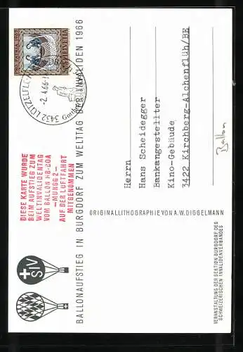 Künstler-AK Ballonaufstieg in Burgdorf zum Welttag der Invaliden 1966, Stempel Ballonpost