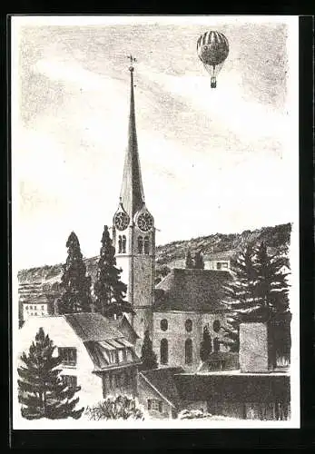 AK Offizielle Ballonpostkarte der Jubiläumsfahrt 200 Jahre Reformierte Kirche Horgen, Stempel Ballonpost 1983, Kirche