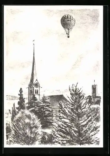 AK Offizielle Ballonpostkarte der Jubiläumsfahrt 200 Jahre Reformierte Kirche Horgen, Stempel Ballonpost 1983