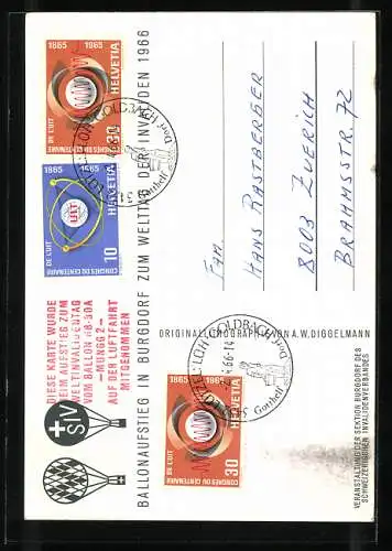 Künstler-AK Burgdorf, Ballon Stempel HB-BOA Mungg2, Ballonaufsteig zum Welttag der Invaliden 1966