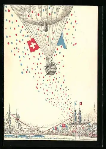 Künstler-AK Zürich, Zürifäscht 1953, Ballonflug, Stempel