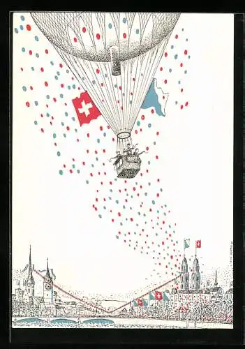 AK Zürich, Zürifäscht Ballonflug 1953, Stempel