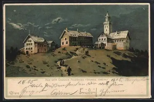 Lithographie Grosser Feldberg /Ts., Ortspanorama bei Dämmerung