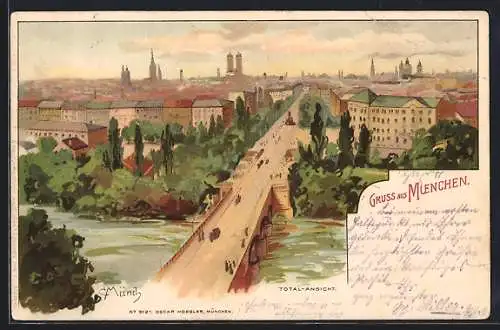 Künstler-AK Carl Münch: München, Ortsansicht von oben, Brücke