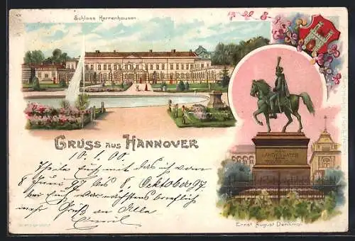 Lithographie Hannover, Schloss Herrenhausen und Ernst August Denkmal