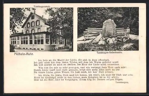 AK Mülheim /Ruhr, Gasthaus Tersteegensruh H. Barte, Tersteegen-Gedenkstein, Gedicht