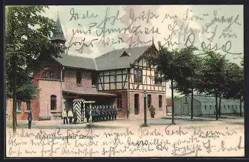 AK Truppenübungsplatz Senne, Hauptwache mit Soldaten, Baracke