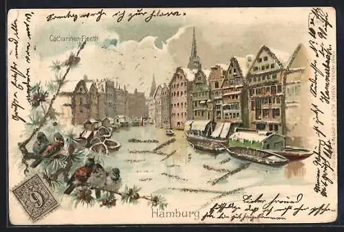 Lithographie Hamburg, Catharinen-Fleeth im Winter, Spatzen