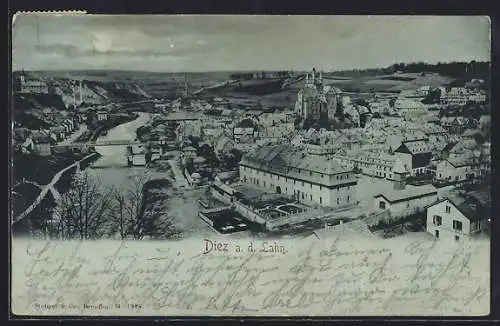 Mondschein-AK Diez a. d. Lahn, Ortsansicht mit Lahnbrücke aus der Vogelschau