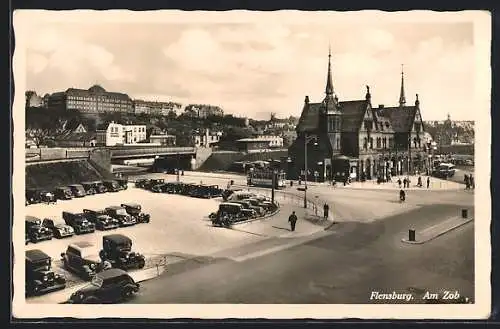 AK Flensburg, Zob mit Strassenbahn und Brücke aus der Vogelschau