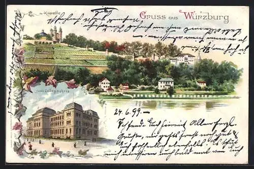 Lithographie Würzburg, Käppele, Neues Collegienhaus, Teilansicht