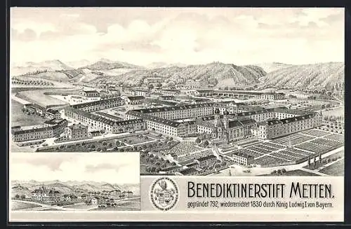 AK Metten, Benediktinerstift, Panoramaansicht