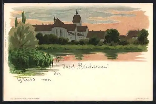 Künstler-AK Reichenau / Bodensee, Ortsansicht übers Wasser