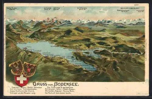 Lithographie Konstanz, Bodensee aus der Vogelschau mit Alpen, deutsches, österreichisches und schweizer Wappen