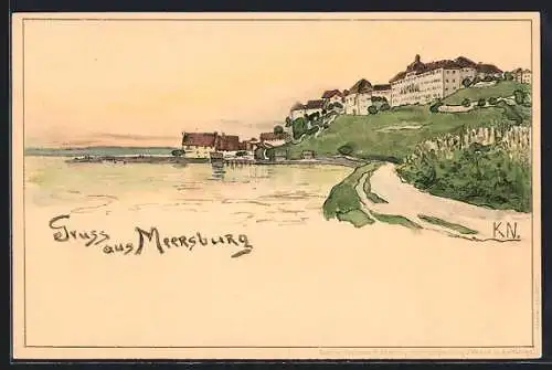 Künstler-AK Meersburg, Blick zum Ort