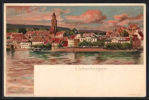 Künstler-AK C.Biese: Überlingen / Bodensee, Panorama des Ortes bei Sonnenuntergang