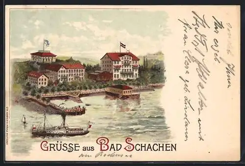 Lithographie Lindau / Bodensee, Blick auf das Hotel Bad Schachen