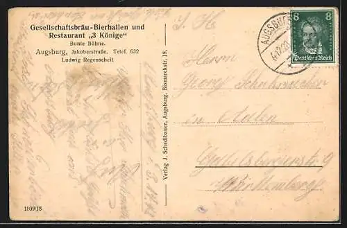 AK Augsburg, Bierhalle und Restaurant 3 Könige, Bes. Ludwig Regenscheit, Jakoberstrasse