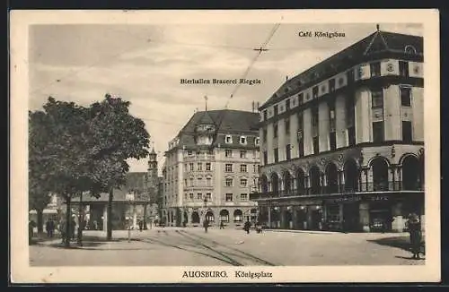 AK Augsburg, Café Lönigsbau und Restaurant Brauerei Riegele am Königsplatz