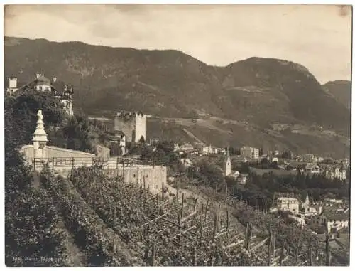 Fotografie Würthle & Sohn, Salzburg, Ansicht Meran, Partie am Tappeinerweg, Blick auf die Stadt, Grossformat 26 x 19cm