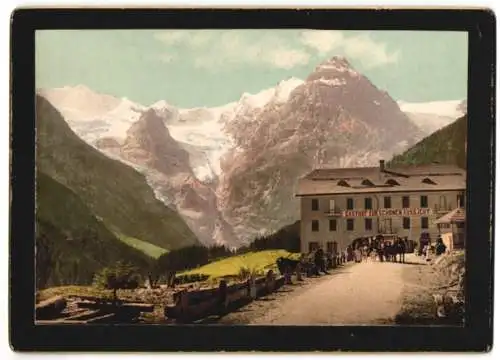 Fotografie Photochrom Zürich, Ansicht Stilfs, Blick auf das Hotel zur schönen Aussicht, Bergpanorama