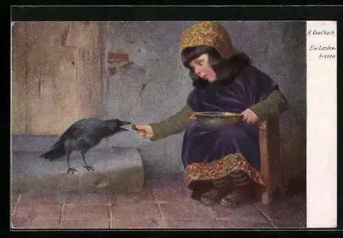 Künstler-AK H. Kaulbach: Ein Leckerbissen, Mädchen füttert Krähe