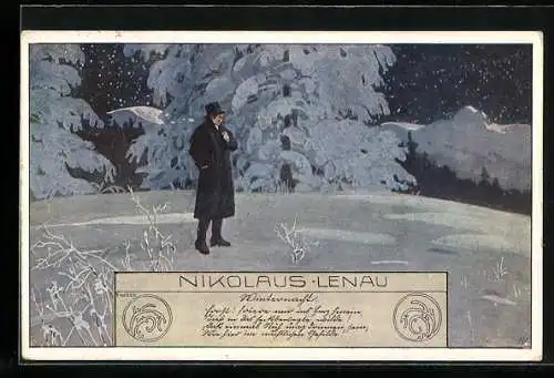 Künstler-AK Ernst Kutzer: Gedicht von Nikolaus Lenau, Mann in einer verschneiten Landschaft