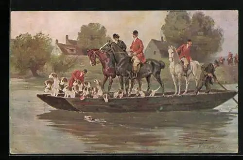 AK Jäger und Hunde lassen sich mit Pferden in einem Kahn fahren