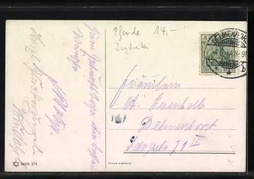 Künstler-AK Robert Kämmerer: Jäger zu Pferde springen über eine Hecke