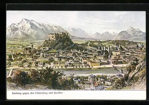 Künstler-AK F. Kulstrunk: Salzburg, Blick über den Ort gegen Untersberg und Stauffen
