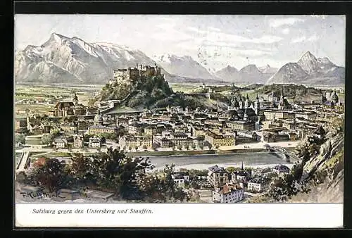 Künstler-AK F. Kulstrunk: Salzburg, Blick über den Ort gegen Untersberg und Stauffen