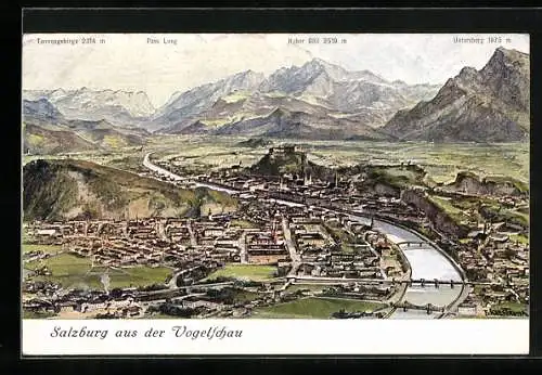 Künstler-AK Franz Kulstrunk: Salzburg, Panorama aus der Vogelschau