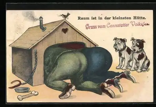 Künstler-AK Willi Scheuermann: Raum ist in der kleinsten Hütte, Mann und Frau kriechen in Hundehütte