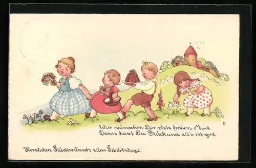 Künstler-AK Liesel Lauterborn: Geburtstagsgratulanten mit Blumen und Kuchen