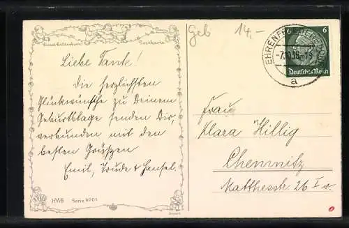 Künstler-AK Liesel Lauterborn: Geburtstagsgratulanten mit Blumen und Kuchen