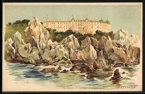 Künstler-Lithographie Ernest Lessieux: Cap Martin, Les Récifs et le Grand Hôtel, Klippen