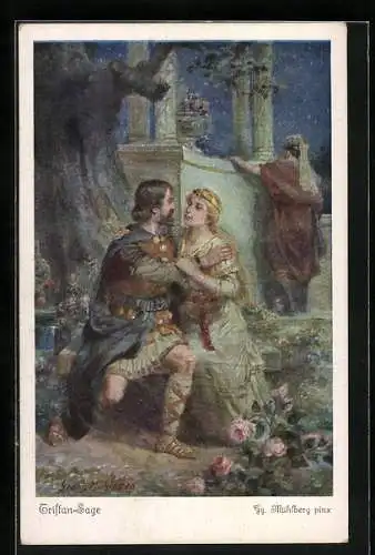 Künstler-AK Georg Mühlberg: Tristan und Isolde, Tristan und Isolde unter der Fichte