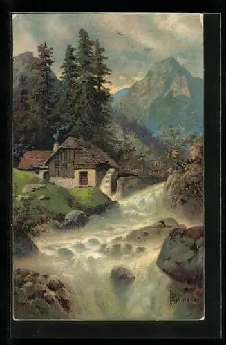 Künstler-AK Robert Kämmerer: Haus mit Wassermühle am Fluss