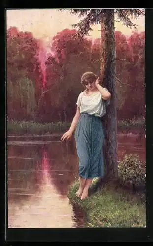 Künstler-AK Adolf Liebscher: Verlassen, Mädchen am Teich