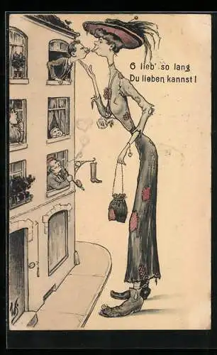 Künstler-AK Willi Scheuermann: Lieb` so lang du lieben kannst!, Riesige Frau küsst Mann durchs Fenster