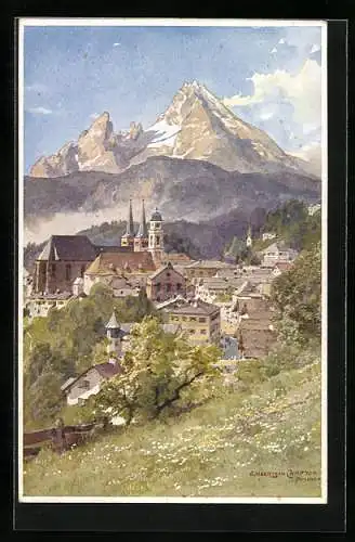 Künstler-AK Edward Harrison Compton: Berchtesgaden, Teilansicht mit den Kirchen, Berge im Hintergrund