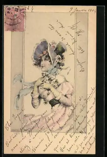 Künstler-AK R. Kratky: Elegante Dame mit Blumen am Hut