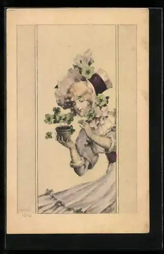 Künstler-AK R. Kratky: Dame hält Blumentopf mit Klee in den Händen