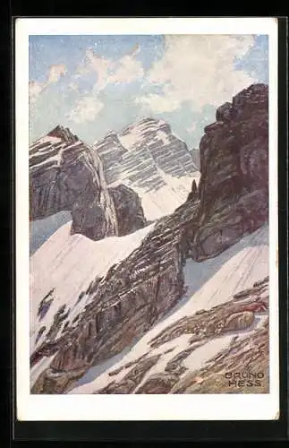 Künstler-AK Bruno Hess, Deutscher Schulverein NR 1481: Blick den Schnee bedeckten Berghang hinauf