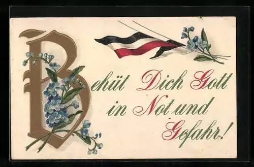 Präge-AK Behüt Dich Gott..., Deutsche Flagge, Vergissmeinnicht