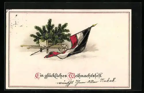 AK Schubkarre mit Tannenzweigen und deutscher Flagge, Weihnachtsgruss
