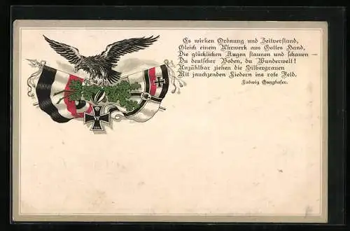 AK Es wirken Ordnung und Zeitverstand..., Adler mit deutscher Flagge, Eisernes Kreuz